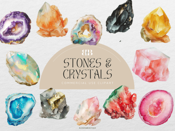 A Watercolor Crystal Clipart Bundle for Editorial Design