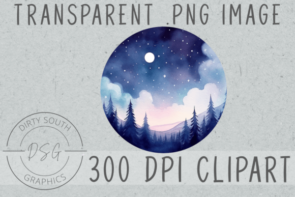 Evaluating Watercolor Mountain Forest Moon Graphics for Product Creation