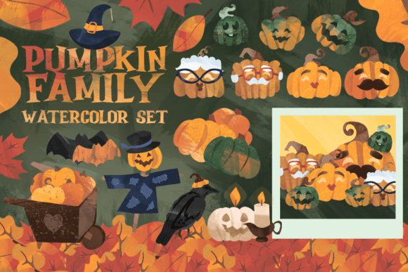 Pumpkin Family Watercolor Set: A Crafts Asset for Halloween Products