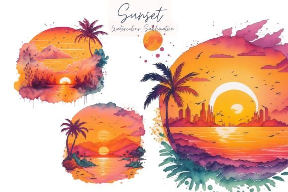 Summer Sunset Watercolor Graphics for Illustrations