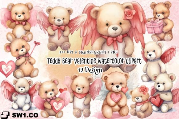 Teddy Bear Valentine Watercolor Graphics for Branding & Illustrations