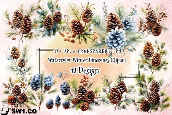Watercolor Winter Pinecones Graphics for Seasonal Illustrations